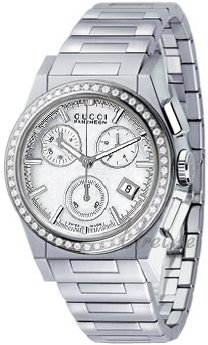 Gucci Pantheon Medium Chronograph Diamond Steel MOP, White Dial