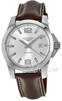 Longines Conquest Silver Dial Leather Strap Brown Longines Conquest Silver Dial Leather Strap Brown