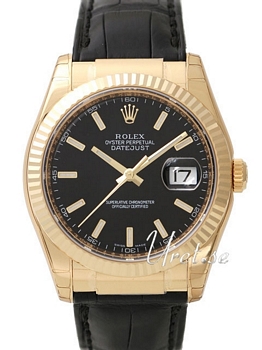 Rolex Datejust Black Dial Leather Yellow Gold